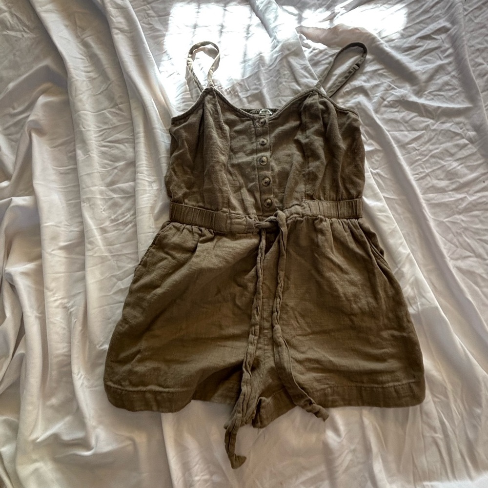 Aerie olive green button-Up Romper with waist tie in size medium